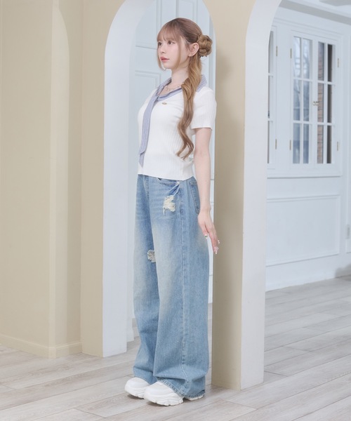 Rmine(アールマイン)の「ボウタイ リブニット ドッキング トップス(半袖)(ニット/セーター・レディース・ホワイト/ネイビー/ブルー・FREE)」の5枚目の写真