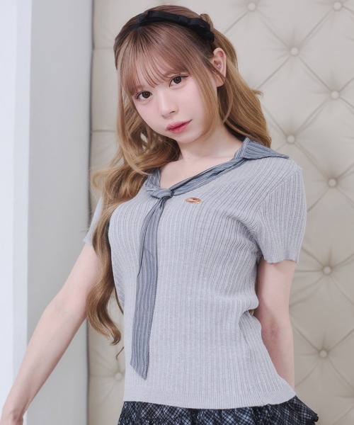 Rmine(アールマイン)の「ボウタイ リブニット ドッキング トップス(半袖)(ニット/セーター・レディース・ホワイト/ネイビー/ブルー・FREE)」の22枚目の写真