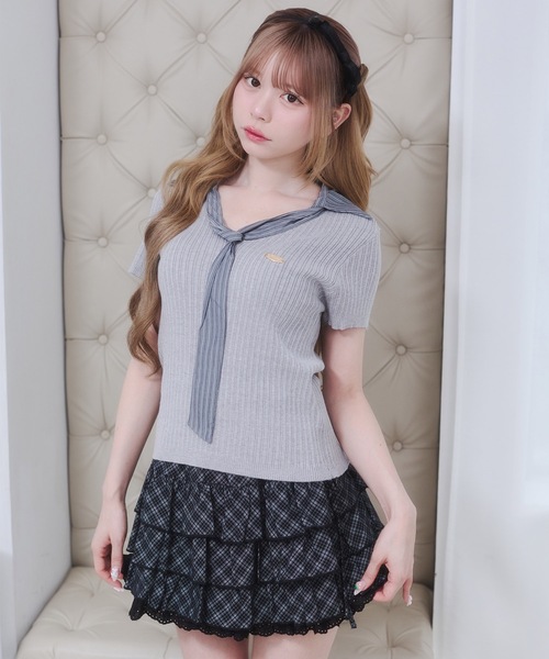 Rmine(アールマイン)の「ボウタイ リブニット ドッキング トップス(半袖)(ニット/セーター・レディース・ホワイト/ネイビー/ブルー・FREE)」の21枚目の写真