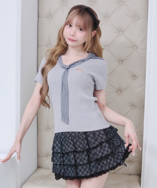 Rmine(アールマイン)の「ボウタイ リブニット ドッキング トップス(半袖)(ニット/セーター・レディース・ホワイト/ネイビー/ブルー・FREE)」の20枚目の写真