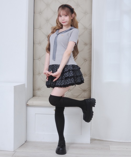 Rmine(アールマイン)の「ボウタイ リブニット ドッキング トップス(半袖)(ニット/セーター・レディース・ホワイト/ネイビー/ブルー・FREE)」の19枚目の写真