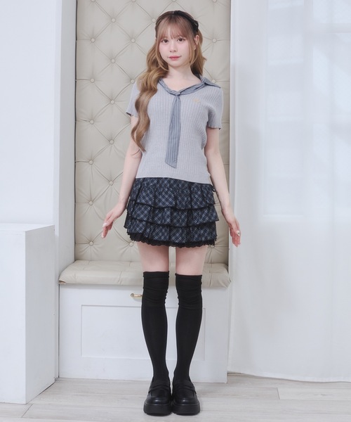 Rmine(アールマイン)の「ボウタイ リブニット ドッキング トップス(半袖)(ニット/セーター・レディース・ホワイト/ネイビー/ブルー・FREE)」の18枚目の写真