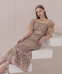 【LEJA】フラワースパンコールチュールシアーボリュームスリーブマーメイドワンピースドレス美脚効果結婚式 パーティードレス 成人式 二次会 同窓会 お呼ばれ オケージョン 20代 30代