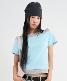 レイヤード風オフショルダー配色Tシャツ