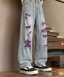 メンズのデニムパンツ（パープル/紫色系・クラッシュ・ダメージ 