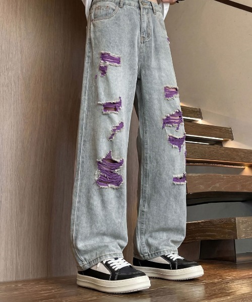 DOUBLE STEAL(ダブルスティール)の「DSダメージリペアワイドデニムパンツ(デニムパンツ・メンズ・パープル/ピンク・X-LARGE/MEDIUM/LARGE)」の2枚目の写真