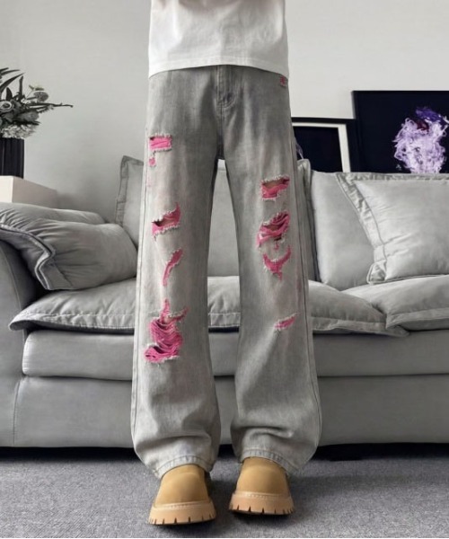 DOUBLE STEAL(ダブルスティール)の「DSダメージリペアワイドデニムパンツ(デニムパンツ・メンズ・パープル/ピンク・X-LARGE/MEDIUM/LARGE)」の1枚目の写真