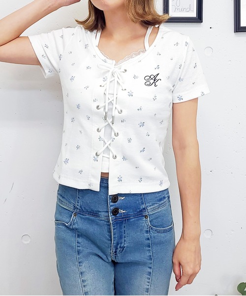 FUN(ファン)の「レースアップレイヤードカットソー(Tシャツ/カットソー・レディース・オフホワイト/ブラック/ホワイト系・FREE)」の1枚目の写真