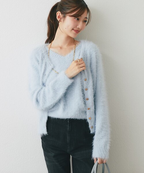 La boutique BonBon（ラブティックボンボン）の「【アンサンブル可・極上の肌触り】へアリーフェザークルーネックカーディガン（カーディガン/ボレロ・レディース・チャコールグレー/サックスブルー/ピンク・FREE）」の21枚目の写真