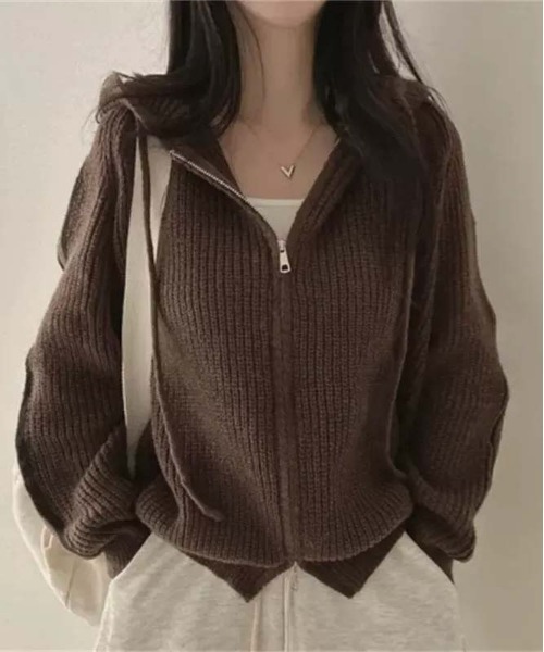 VENCEEXCHANGE(ヴァンスエクスチェンジ)の「フードツキジップニットカーデ(ニット/セーター・レディース・ブラウン/グレー/ベージュ・FREE)」の13枚目の写真