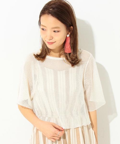 Another Edition(アナザーエディション)の「メッシュフリルスリーブプルオーバー/AEMFC MESH フリル SL PO◆(ニット/セーター・レディース・ホワイト/ライトピンク・FREE)」の1枚目の写真