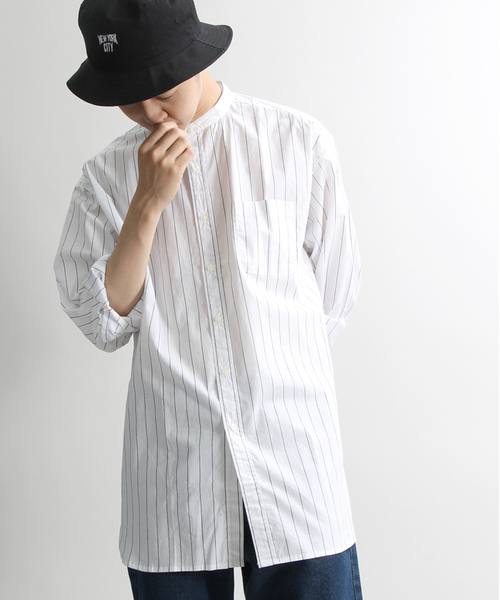 WEGO（ウィゴー）の「WEGO/ストレッチバンドカラーロングシャツ（シャツ/ブラウス・メンズ・ホワイト/ホワイト系その他/ブラック系その他・L/M）」の3枚目の写真