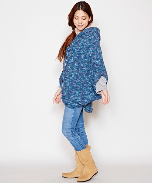 チャイハネ（チャイハネ）の「【チャイハネ】yul カラフルニットポンチョジャケット（その他アウター・レディース・ネイビー/ホワイト/オレンジ・FREE）」の5枚目の写真