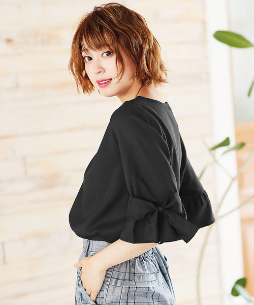 KOBE LETTUCE(コウベレタス)の「リボン袖フリルフレアスリーブ☆ジョーゼットブラウス(シャツ/ブラウス・レディース・オフホワイト/ミント/ピンク系その他/ネイビー/オレンジ/ラベンダー/ブラック/ベージュ/サックスブルー/イエロー/グリーン系その他/チェック/カーキ・FREE)」の21枚目の写真