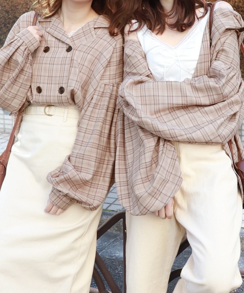 PairPair（ペアペア）の「無地＆チェック袖ボリューム開襟ブラウス（シャツ/ブラウス・レディース・ベージュ/ライトグリーン/アイボリー/ブルーグレー/モカ/ブラウン系その他・FREE）」の5枚目の写真