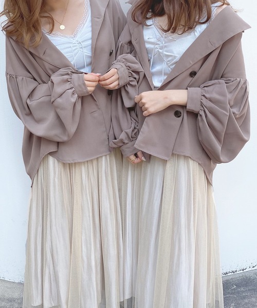 PairPair（ペアペア）の「無地＆チェック袖ボリューム開襟ブラウス（シャツ/ブラウス・レディース・ベージュ/ライトグリーン/アイボリー/ブルーグレー/モカ/ブラウン系その他・FREE）」の3枚目の写真