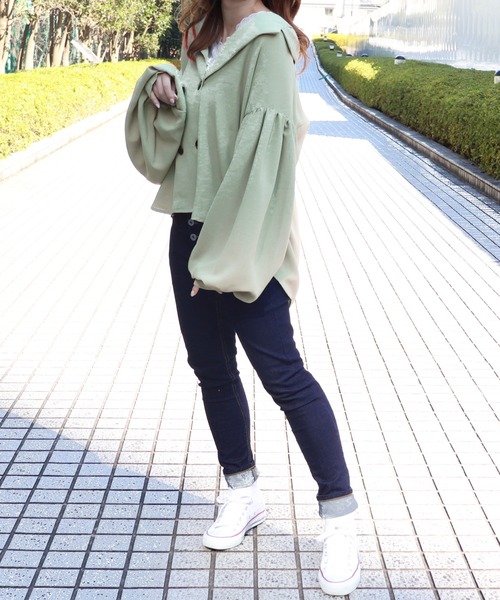 PairPair（ペアペア）の「無地＆チェック袖ボリューム開襟ブラウス（シャツ/ブラウス・レディース・ベージュ/ライトグリーン/アイボリー/ブルーグレー/モカ/ブラウン系その他・FREE）」の10枚目の写真