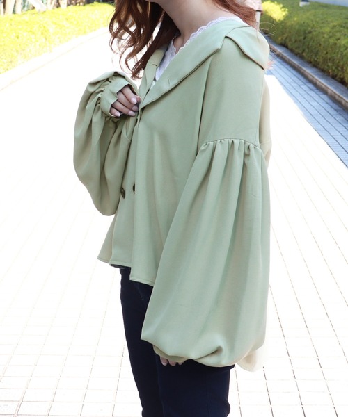 PairPair（ペアペア）の「無地＆チェック袖ボリューム開襟ブラウス（シャツ/ブラウス・レディース・ベージュ/ライトグリーン/アイボリー/ブルーグレー/モカ/ブラウン系その他・FREE）」の12枚目の写真