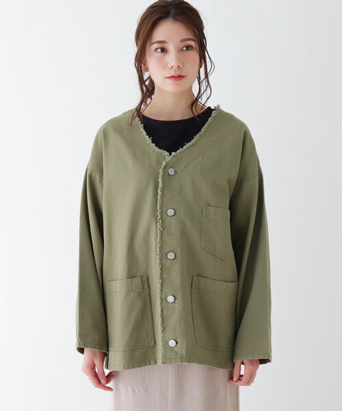 SHOO・LA・RUE(シューラルー)の「◆フリンジVネックジャケット(ミリタリージャケット・レディース・オリーブ/アイボリー・02/03)」の10枚目の写真