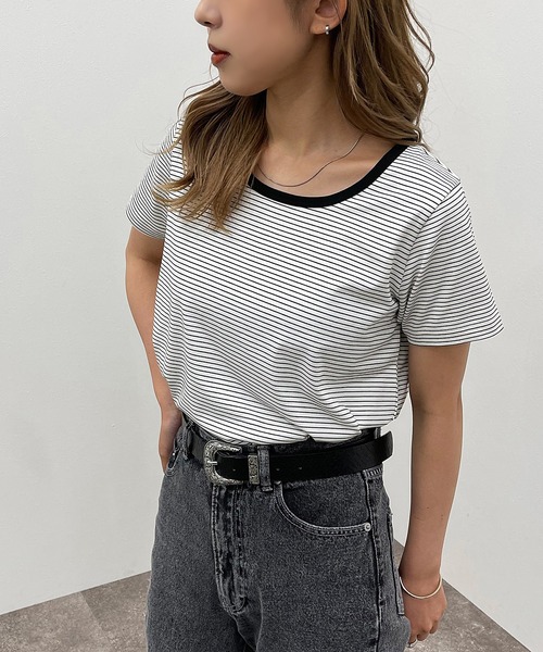 apres jour mignon(アプレジュールミニョン)の「ボーダーTシャツ【ZOZOTOWN限定アイテム】(Tシャツ/カットソー・レディース・ホワイト系その他/ブラック系その他・フリー/X-LARGE)」の4枚目の写真