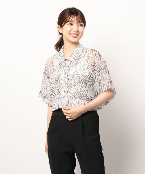 SPIRALGIRL（スパイラルガール）の「ゼブラ柄ハーフスリーブシアーシャツ（シャツ/ブラウス・レディース・オフホワイト/グレー系・FREE）」の12枚目の写真