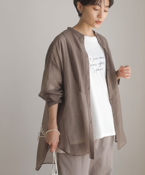 AMERICAN HOLIC（アメリカンホリック）の「シアーバンドカラーシャツ（シャツ/ブラウス・レディース・カーキ/ストライプ/ブラウン/アイボリー・L/M）」の2枚目の写真