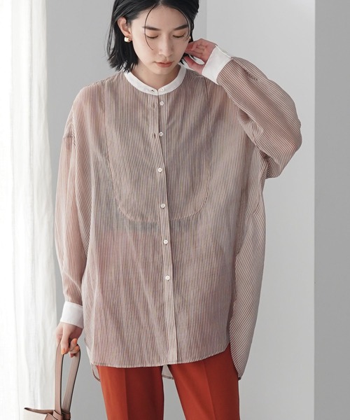 AMERICAN HOLIC（アメリカンホリック）の「シアーバンドカラーシャツ（シャツ/ブラウス・レディース・カーキ/ストライプ/ブラウン/アイボリー・L/M）」の4枚目の写真