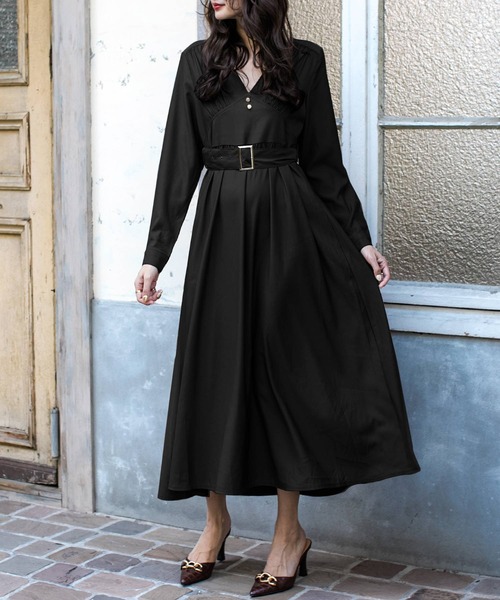 Julia Boutique（ジュリアブティック）の「柄＆無地ゴールドポイントVネック長袖ロングワンピース/21528（ワンピース・レディース・ベージュ系/モカ/ブラック・ONE）」の2枚目の写真