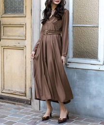 柄＆無地ゴールドポイントVネック長袖ロングワンピース/21528