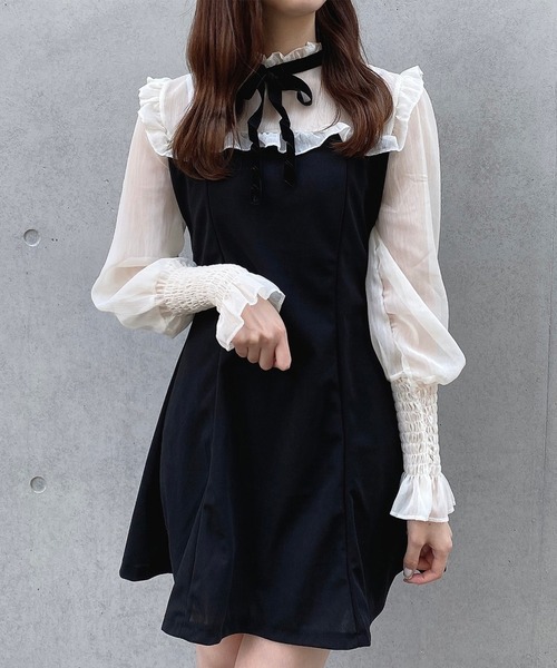 Crea titty&Co. PETIT(クレアティティーアンドコープチ)の「【Crea titty&Co.PETIT】デコルテフリルシフォンミニワンピース(ワンピース・レディース・ブラック・SMALL/MEDIUM)」の7枚目の写真