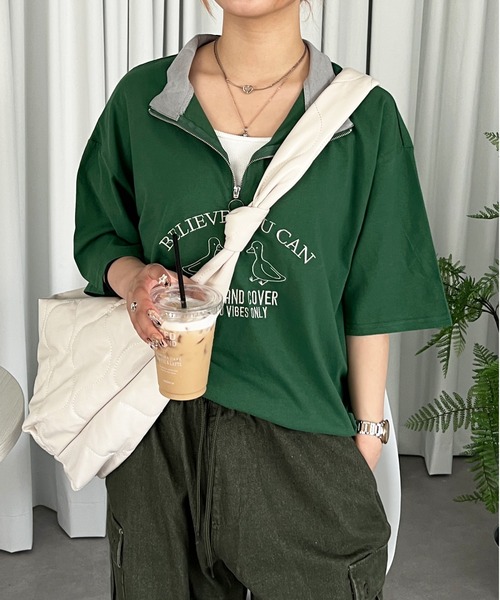 PairPair（ペアペア）の「ハーフジップ刺繍TEE(ユニセックス)（Tシャツ/カットソー・レディース・チャコールグレー/オフホワイト/グリーン・MEDIUM/LARGE）」の3枚目の写真