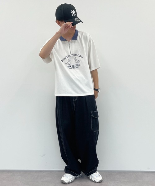 PairPair（ペアペア）の「ハーフジップ刺繍TEE(ユニセックス)（Tシャツ/カットソー・レディース・チャコールグレー/オフホワイト/グリーン・MEDIUM/LARGE）」の4枚目の写真