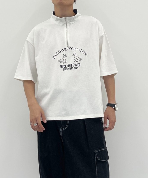 PairPair（ペアペア）の「ハーフジップ刺繍TEE(ユニセックス)（Tシャツ/カットソー・レディース・チャコールグレー/オフホワイト/グリーン・MEDIUM/LARGE）」の6枚目の写真