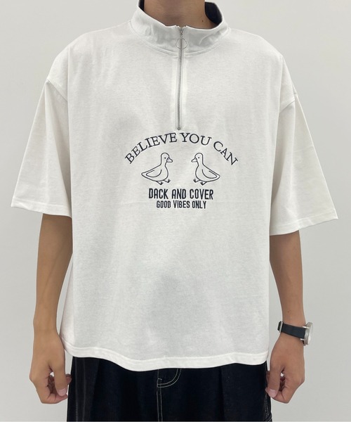 PairPair（ペアペア）の「ハーフジップ刺繍TEE(ユニセックス)（Tシャツ/カットソー・レディース・チャコールグレー/オフホワイト/グリーン・MEDIUM/LARGE）」の9枚目の写真