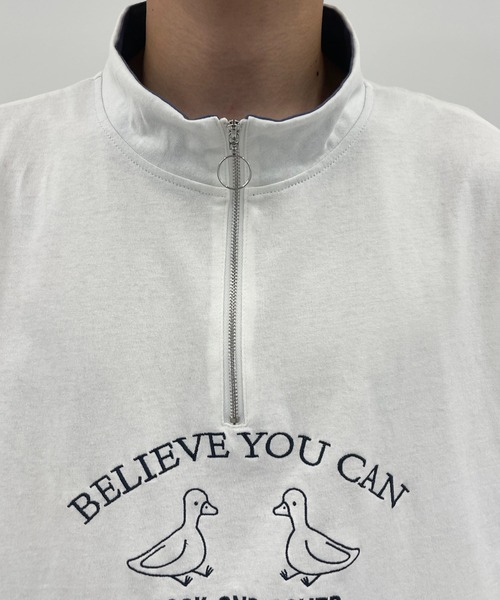 PairPair（ペアペア）の「ハーフジップ刺繍TEE(ユニセックス)（Tシャツ/カットソー・レディース・チャコールグレー/オフホワイト/グリーン・MEDIUM/LARGE）」の11枚目の写真