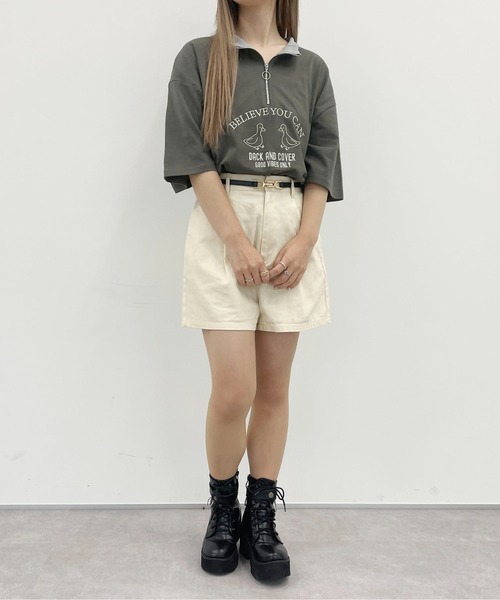 PairPair（ペアペア）の「ハーフジップ刺繍TEE(ユニセックス)（Tシャツ/カットソー・レディース・チャコールグレー/オフホワイト/グリーン・MEDIUM/LARGE）」の13枚目の写真