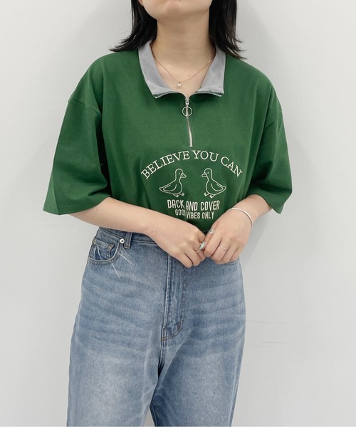 PairPair（ペアペア）の「ハーフジップ刺繍TEE(ユニセックス)（Tシャツ/カットソー・レディース・チャコールグレー/オフホワイト/グリーン・MEDIUM/LARGE）」の21枚目の写真