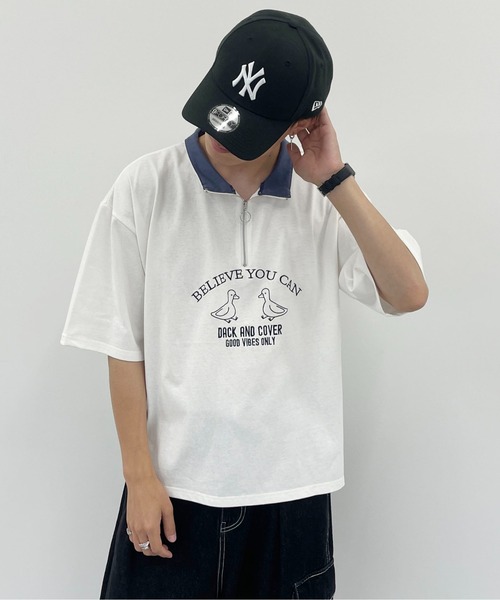 PairPair（ペアペア）の「ハーフジップ刺繍TEE(ユニセックス)（Tシャツ/カットソー・レディース・チャコールグレー/オフホワイト/グリーン・MEDIUM/LARGE）」の5枚目の写真