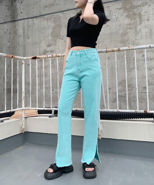 LVEU.（ラブユ.）の「【ZOZOTOWN限定】Slit color denims / スリットカラーデニム（デニムパンツ・レディース・ミント/ピンク・FREE）」の3枚目の写真