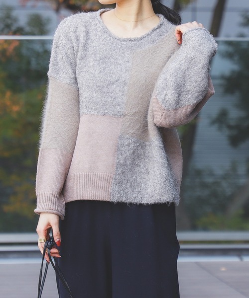BEAMS HEART（ビームスハート）の「BEAMS HEART / パッチワーク 異素材 ニット（ニット/セーター・レディース・ベージュ/グレー/アイボリー・FREE）」の4枚目の写真