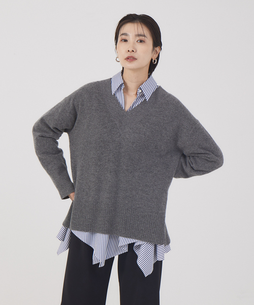 qualite（カリテ）の「ファインVネックプルオーバー（ニット/セーター・レディース・チャコールグレー/サックスブルー/オフホワイト・フリー）」の2枚目の写真