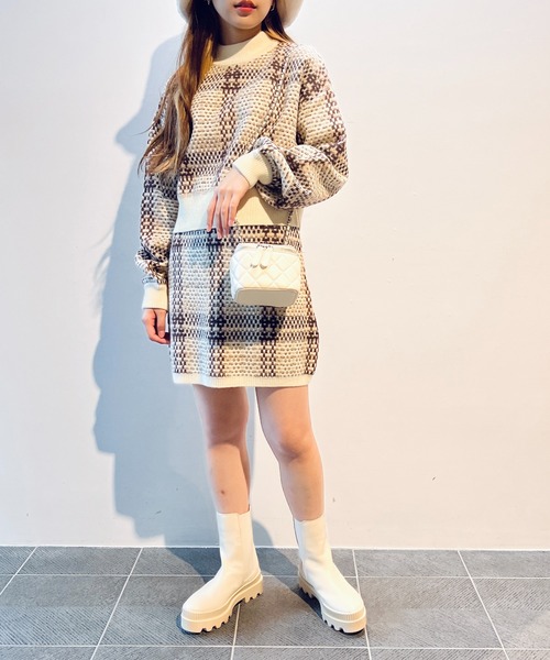 one way(ワンウェイ)の「【セットアップ対応】チェックツィードニットトップス(Tシャツ/カットソー・レディース・ライトブラウン/ライトグレー/ベージュ・FREE)」の7枚目の写真
