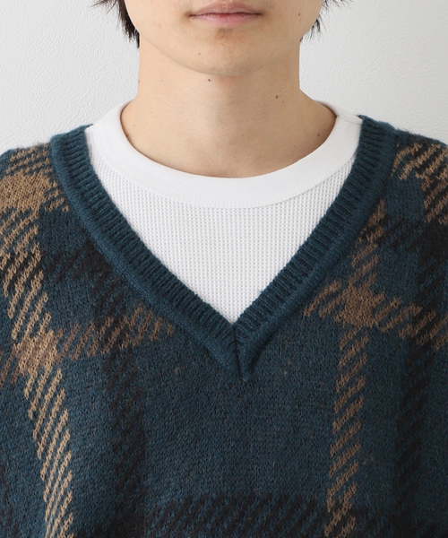 JOURNAL STANDARD（ジャーナルスタンダード）の「モヘアミックス ジャガードチェックニット（ニット/セーター・メンズ・ライトグリーン/ベージュ・MEDIUM/LARGE）」の7枚目の写真