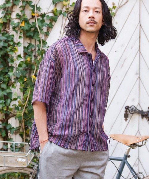 CAMBIO(カンビオ)の「mhs1930- Openwork Open Collar Short Sleeve Shirts シャツ(シャツ/ブラウス・メンズ・カーキ/パープル・M/L)」の1枚目の写真