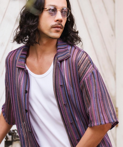 CAMBIO(カンビオ)の「mhs1930- Openwork Open Collar Short Sleeve Shirts シャツ(シャツ/ブラウス・メンズ・カーキ/パープル・M/L)」の4枚目の写真