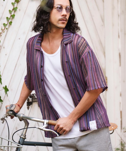 CAMBIO(カンビオ)の「mhs1930- Openwork Open Collar Short Sleeve Shirts シャツ(シャツ/ブラウス・メンズ・カーキ/パープル・M/L)」の5枚目の写真