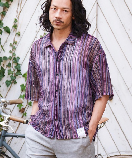CAMBIO(カンビオ)の「mhs1930- Openwork Open Collar Short Sleeve Shirts シャツ(シャツ/ブラウス・メンズ・カーキ/パープル・M/L)」の6枚目の写真