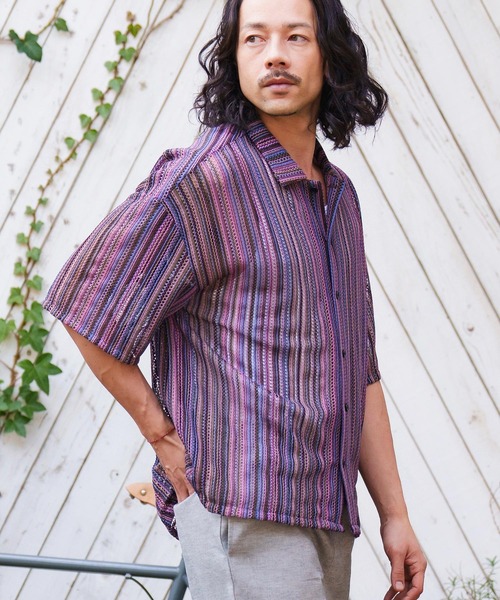 CAMBIO(カンビオ)の「mhs1930- Openwork Open Collar Short Sleeve Shirts シャツ(シャツ/ブラウス・メンズ・カーキ/パープル・M/L)」の7枚目の写真