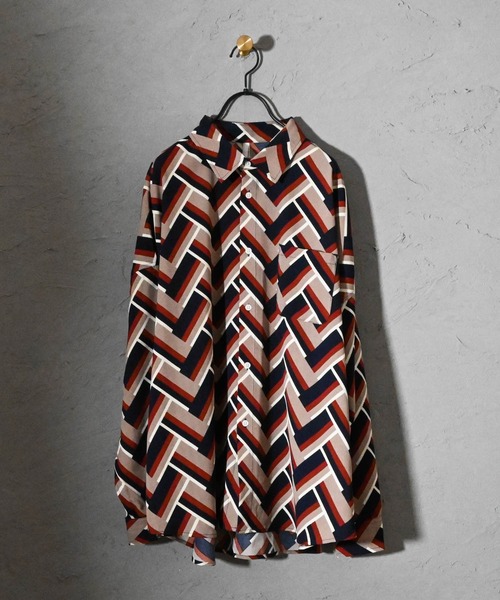 Ritzy（リッツィー）の「ポリ総柄プリント(C柄) ドロップショルダー LSシャツ レディース メンズ（シャツ/ブラウス・メンズ・ブラウン/ネイビー/ブラック・MEDIUM/LARGE/X-LARGE）」の13枚目の写真
