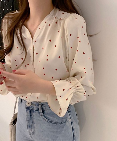 NinaetLina（ニナエリナ）の「ハート柄 シャツブラウス レディース 長袖（シャツ/ブラウス・レディース・ベージュ/レッド/ブラック・FREE）」の4枚目の写真